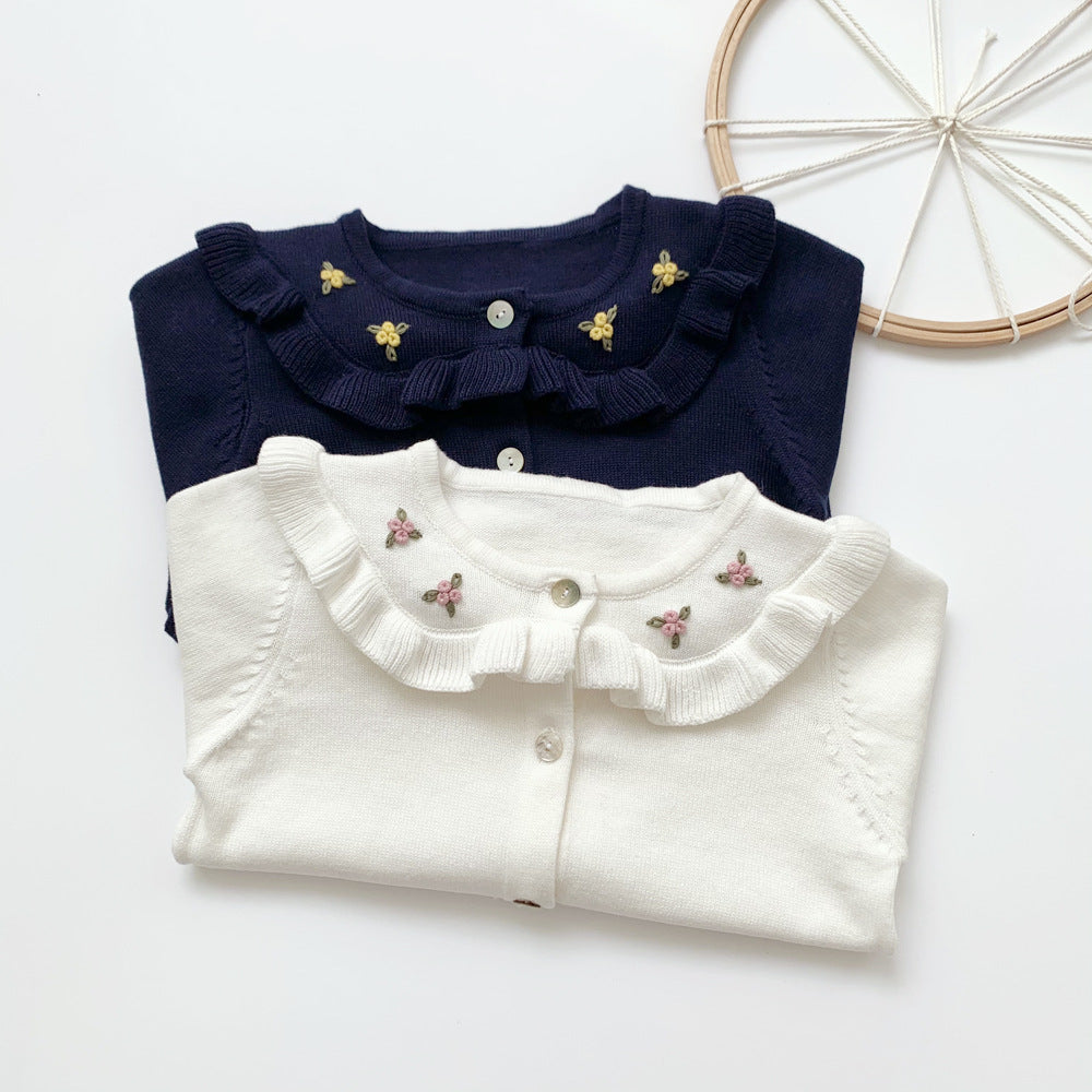 MyKids-USA® Baby Girl Floral Embroidered Pattern Single Breasted Design Knit Cardigan
