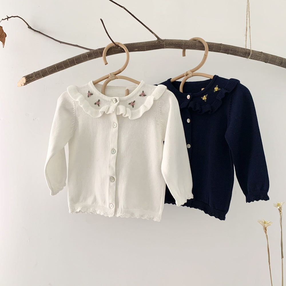 MyKids-USA® Baby Girl Floral Embroidered Pattern Single Breasted Design Knit Cardigan