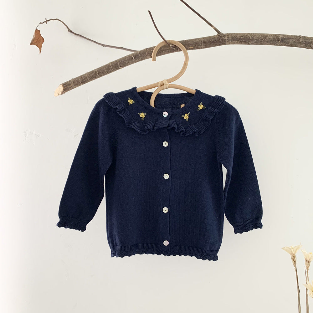 MyKids-USA® Baby Girl Floral Embroidered Pattern Single Breasted Design Knit Cardigan