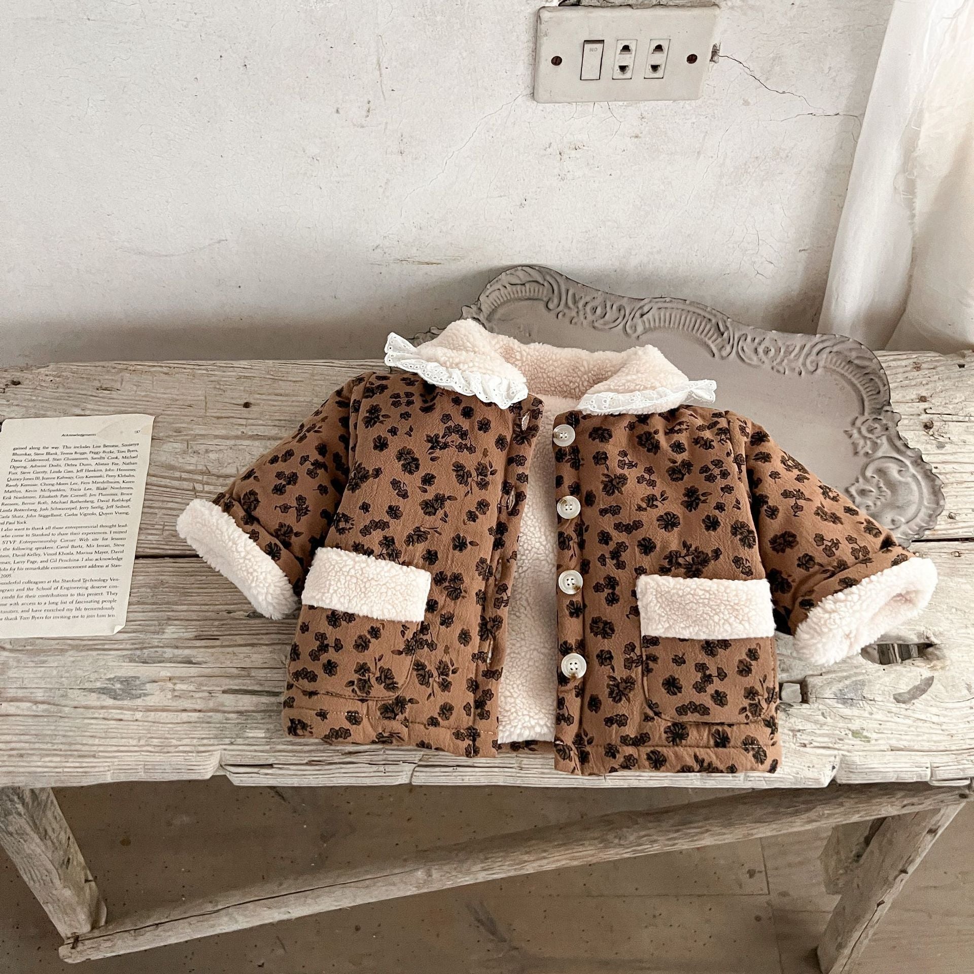 MyKids-USA® Baby Girl Jacquard Lapel Combo Two Pockets Thickened Long Sleeves Cardigan Coat In Winter
