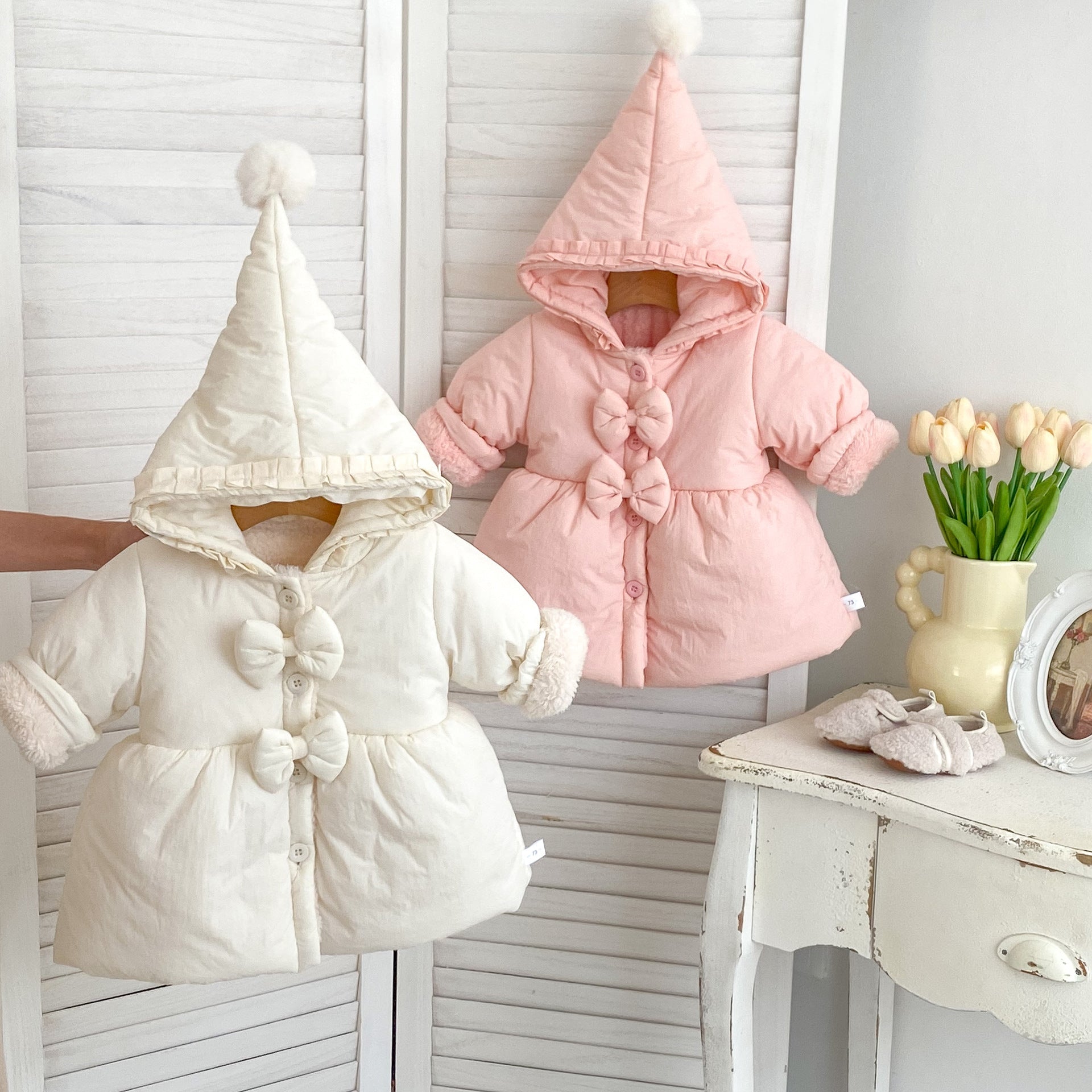 MyKids-USA® Arrival Baby Kids Girls Solid Color Single Breasted Hooded Thick Fleece-inside Coat