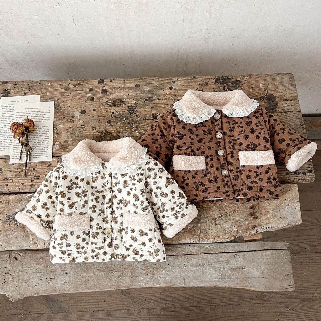 MyKids-USA® Baby Girl Jacquard Lapel Combo Two Pockets Thickened Long Sleeves Cardigan Coat In Winter