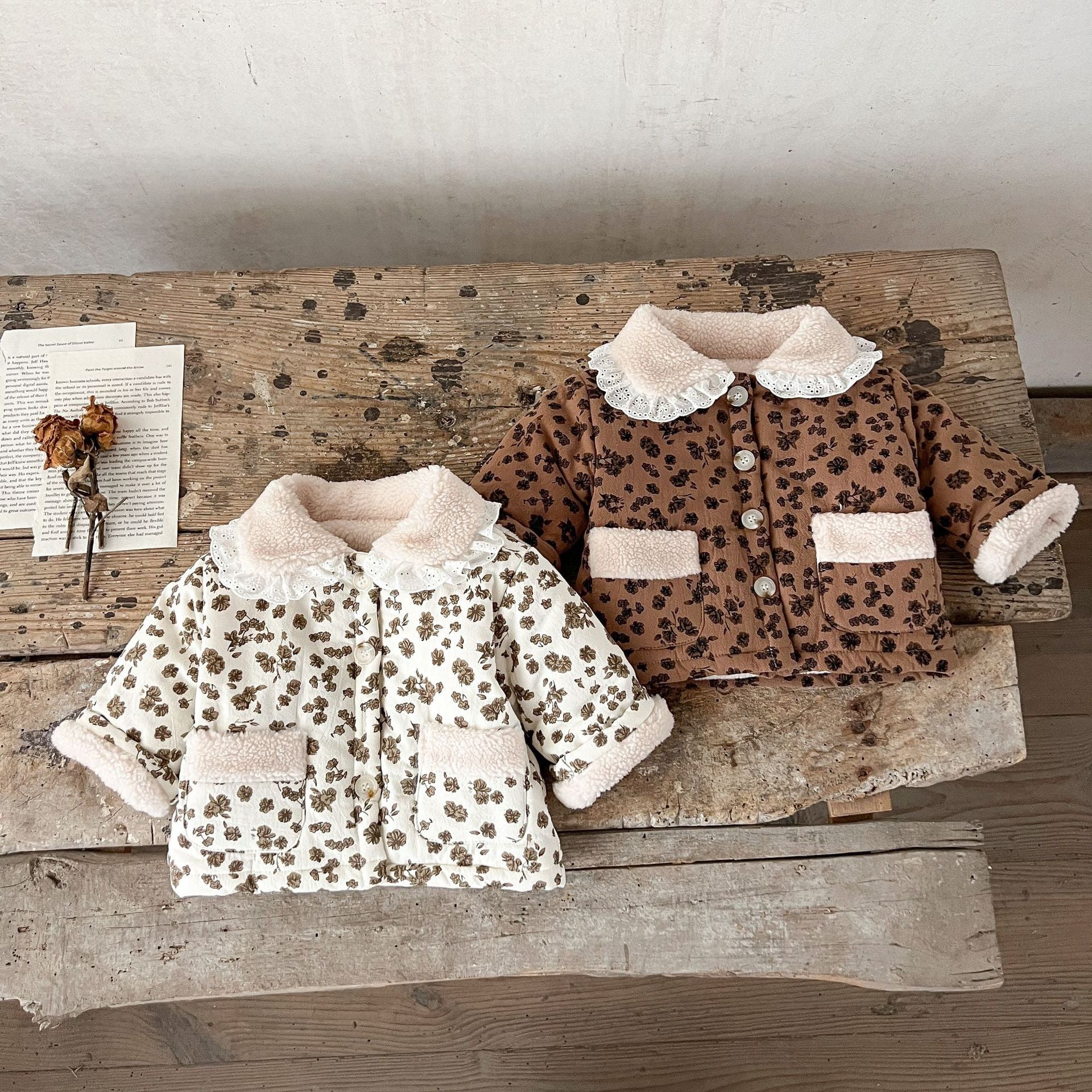 MyKids-USA® Baby Girl Jacquard Lapel Combo Two Pockets Thickened Long Sleeves Cardigan Coat In Winter