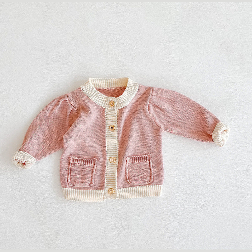 MyKids-USA® Baby Girl Contrast Pattern Buttoned Front Puff Sleeve Knitted Cardigan