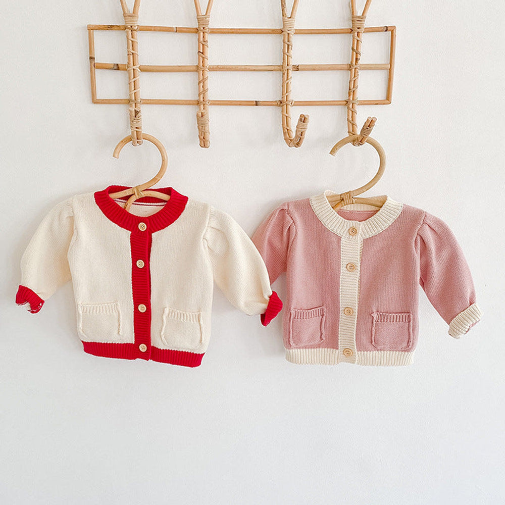 MyKids-USA® Baby Girl Contrast Pattern Buttoned Front Puff Sleeve Knitted Cardigan