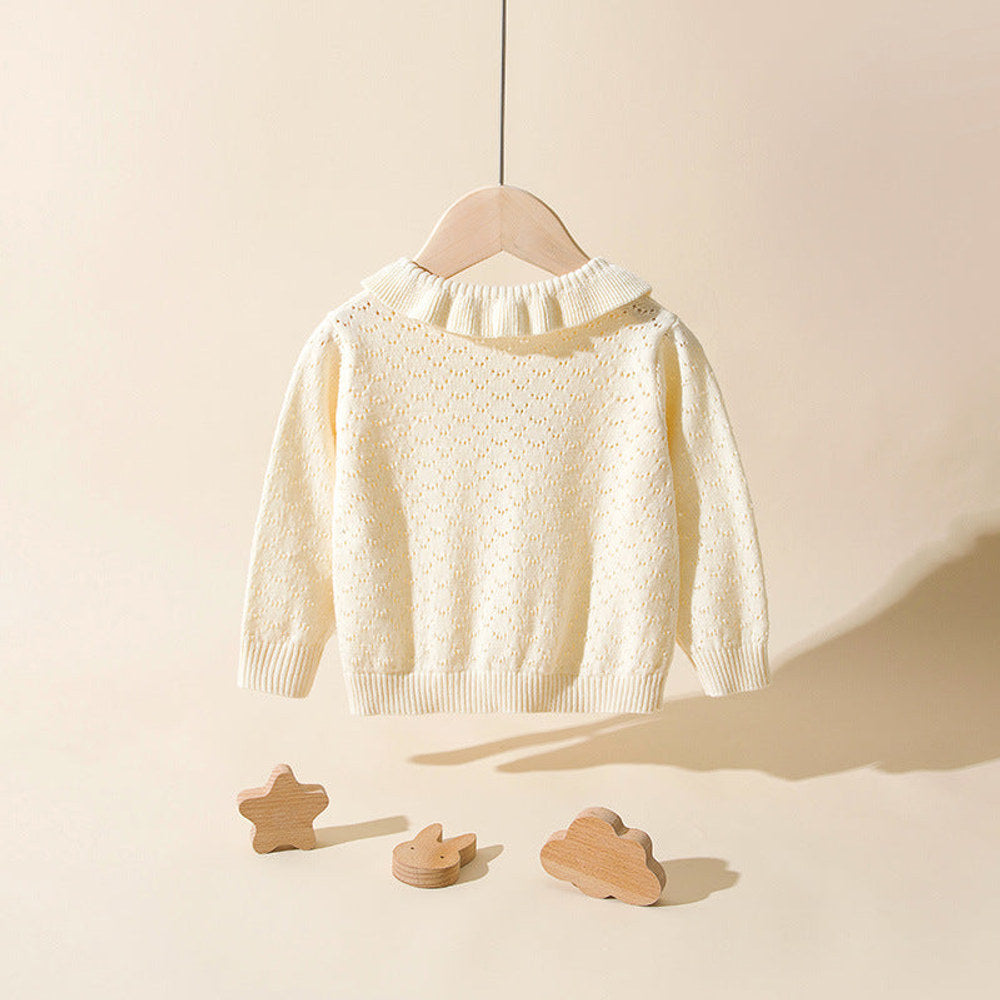 MyKids-USA® Baby Girl Solid Color Hollow Carved Design Cherry Patched Cardigan
